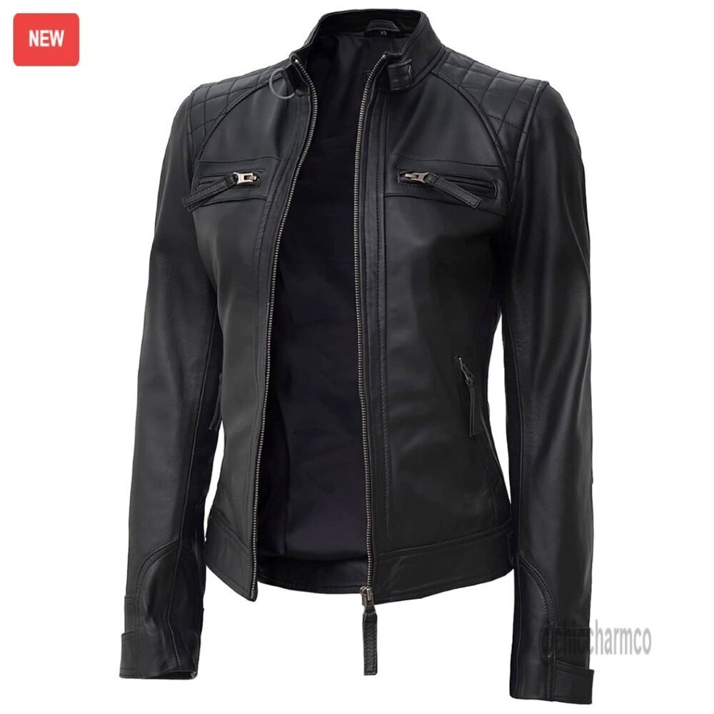 Lambskin Leather Jacket Quilted Cafe Racer Style